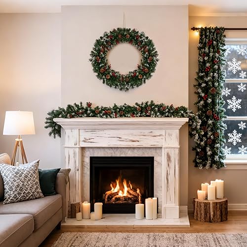 Miniatura 9 de Guirnalda de Navidad con luces, guirnalda de Navidad flocada de nieve de 9 pies para manto, guirnaldas preiluminadas al aire libre con bayas rojas y