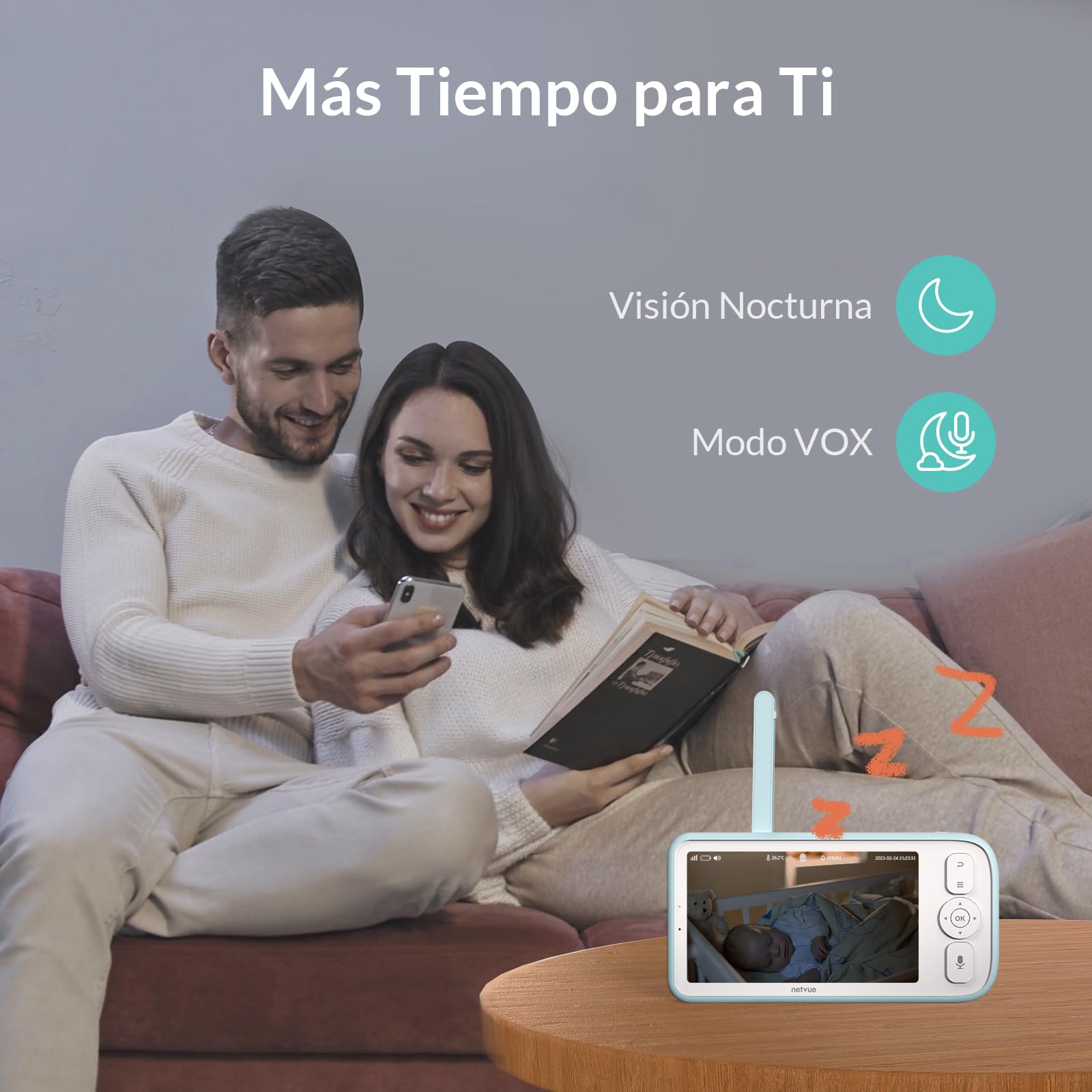 NETVUE Camara Vigilancia Bebe con Soporte 4 en 1, Azul 5000mAh Inalámbrico 5" Vigilabebes con Camara, 1080P Baby Monitor con Visión Nocturna, Audio Bidireccional, VOX, Detección de llanto y movimiento