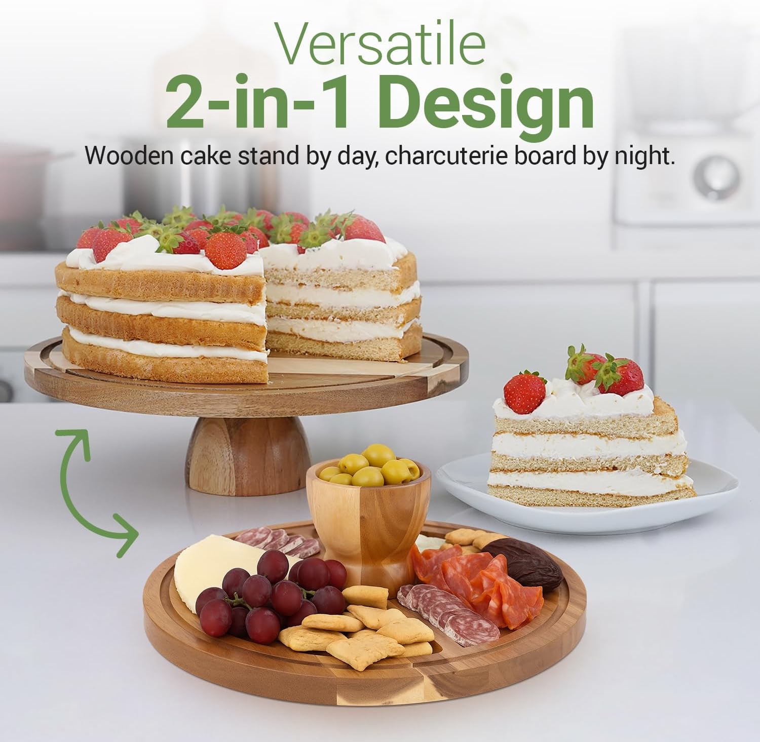 Linda’s Essentials Acacia Wood Cake Stand with Lid (Acrylic) 12 Inch Round Cake Holder Stand with 5 Bonus Cake Sheets, 2-in-1 Wooden Cake Stand with Dome & Charcuterie Board for Cheese, Cake Plate