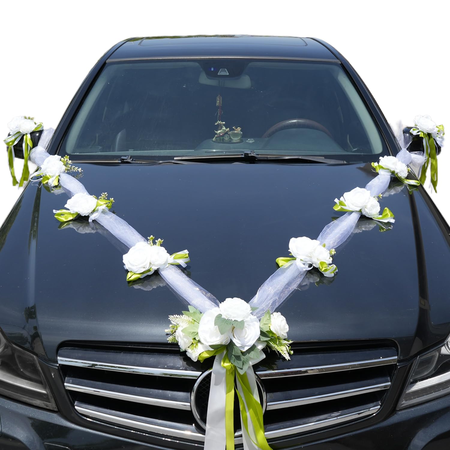 Décoration voiture mariage en tulle organza blanc et fleurs soie de prestige