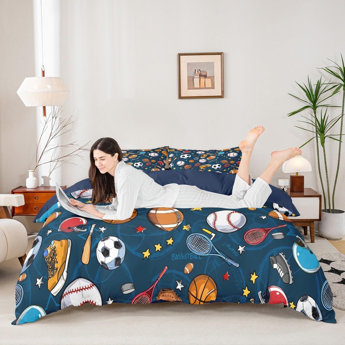 Football Bedding Sets Basketball Baseball Rugby Reversible Comforter Cover Set for Boys Teens Ball Sports Duvet Cover Soccer Football Game Volleyball Bedspread Cover Full Size,Soft Kids Room Decor