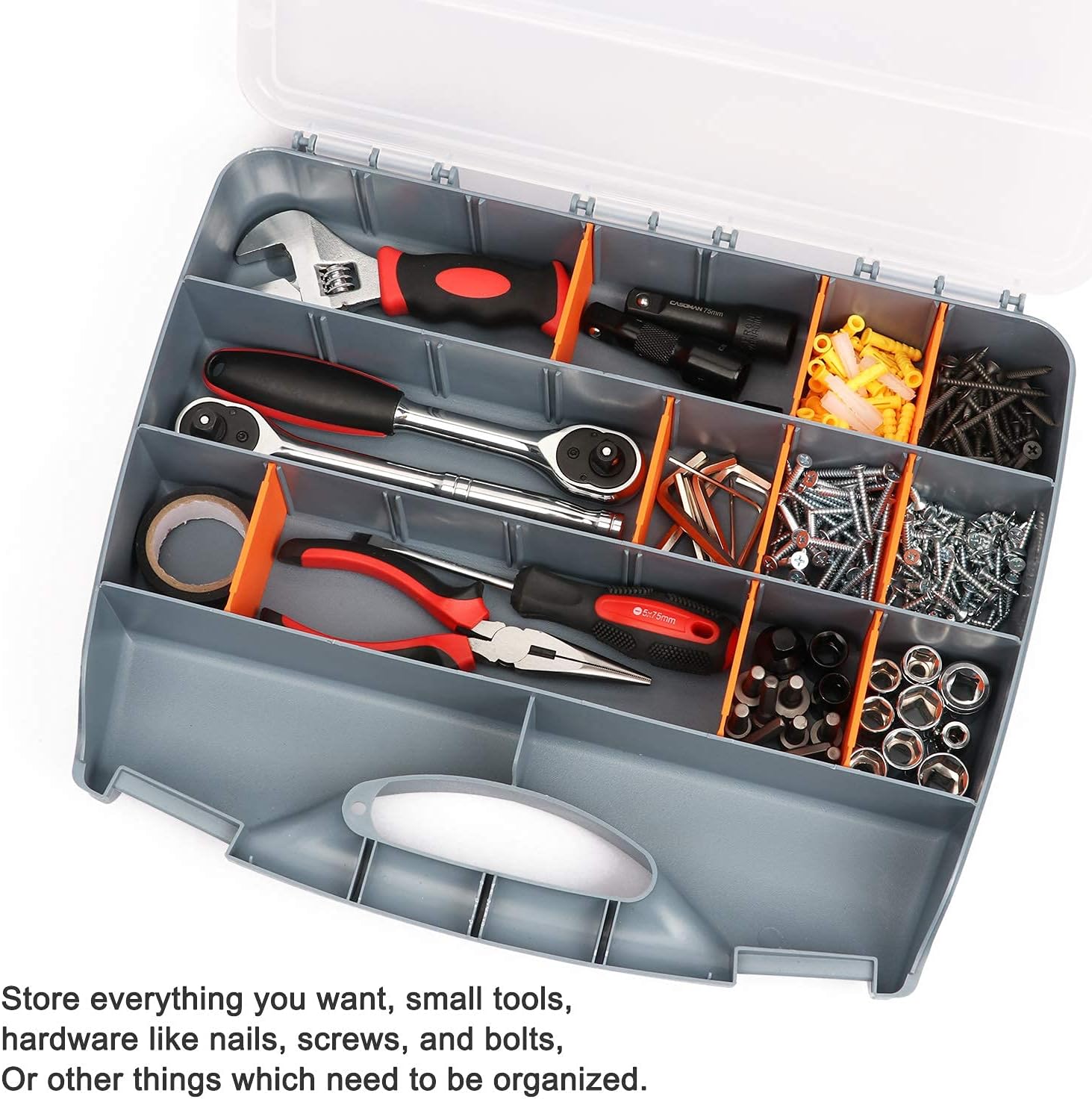 Makitoyo Hardware Storage Box Tools Organizer Container with Handle and Clear Lid, 21 Adjustable Compartments and 2 Fixed Sections,Perfect for Screws,Nuts, Bolts and Small Parts,15"L x 12.9"W x 2.9"H