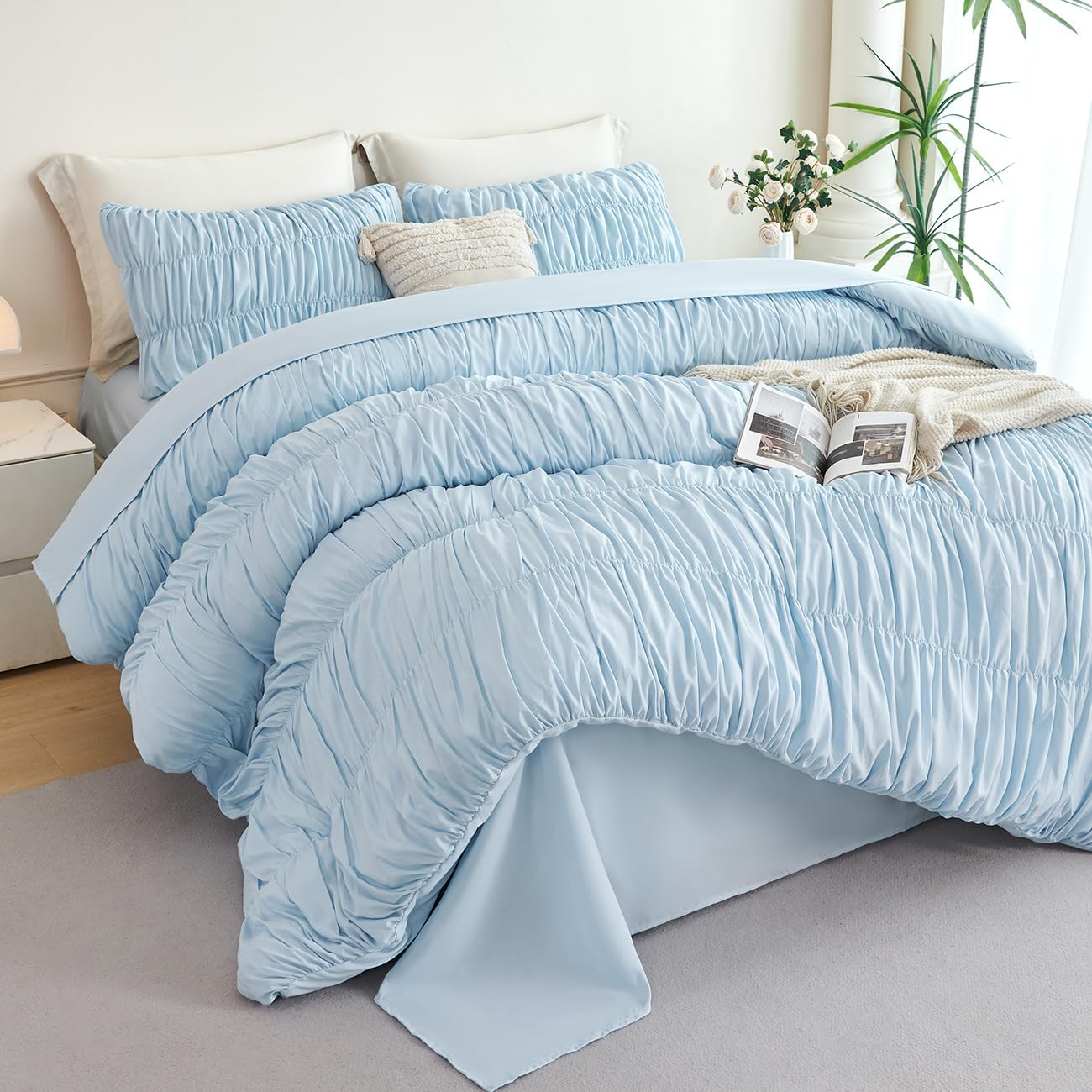 PERFEMET Queen Size Bed in a Bag Light Blue 5 Pieces Fluffy Boho Ruched Comforter with Sheets Luxury Soft Pleated Texture Bedding Comforter Set All Season Lightweight Vintage Ruffle Bed Sets, 90"x90"
