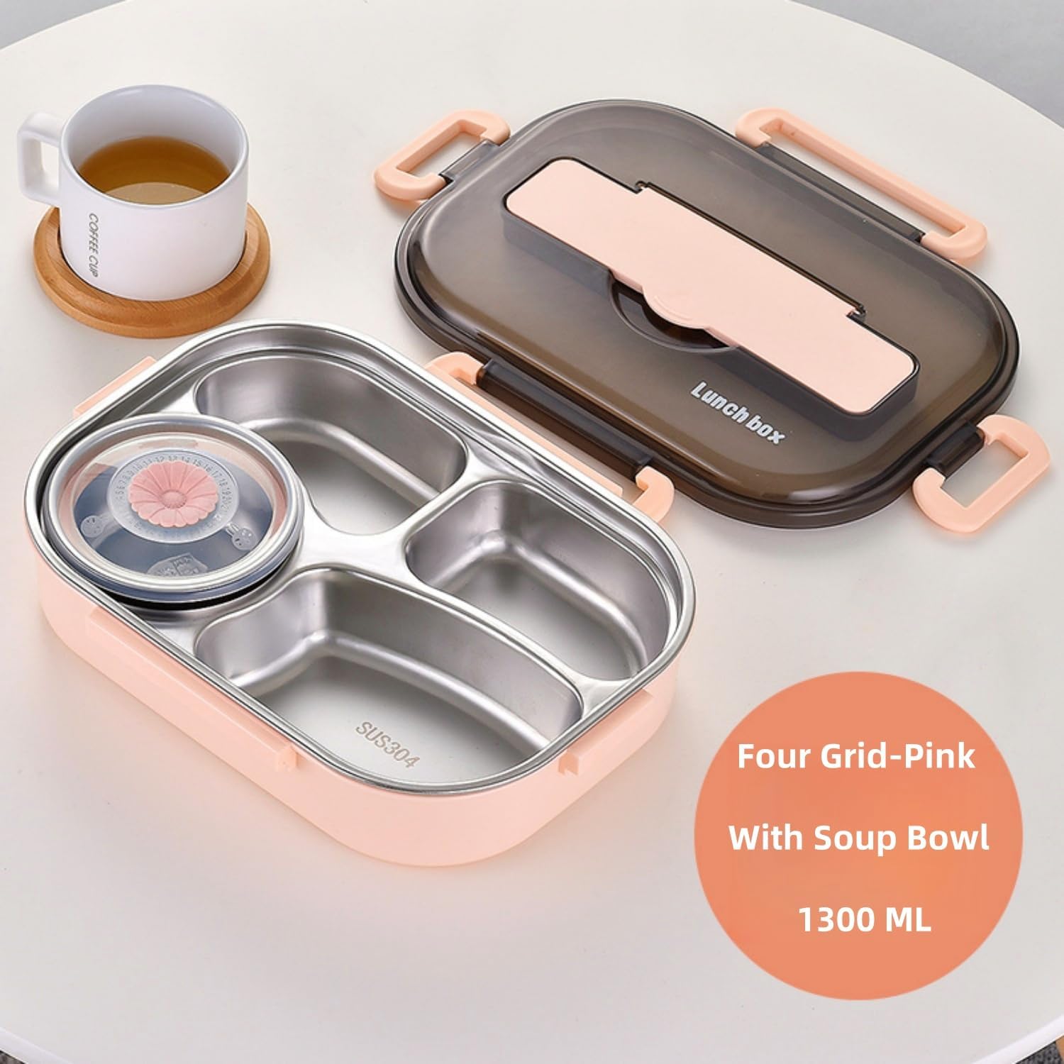Insulated Lunch Boxes with a separate soup bowl,Stainless Steel Bento Box with Lid,4‑Grid Portable Box with Spoons,Chopsticks and Lunch Bag,Leakproof Lunchbox Set for Work Travel Camping (Pink, 1.5L) - Image 2