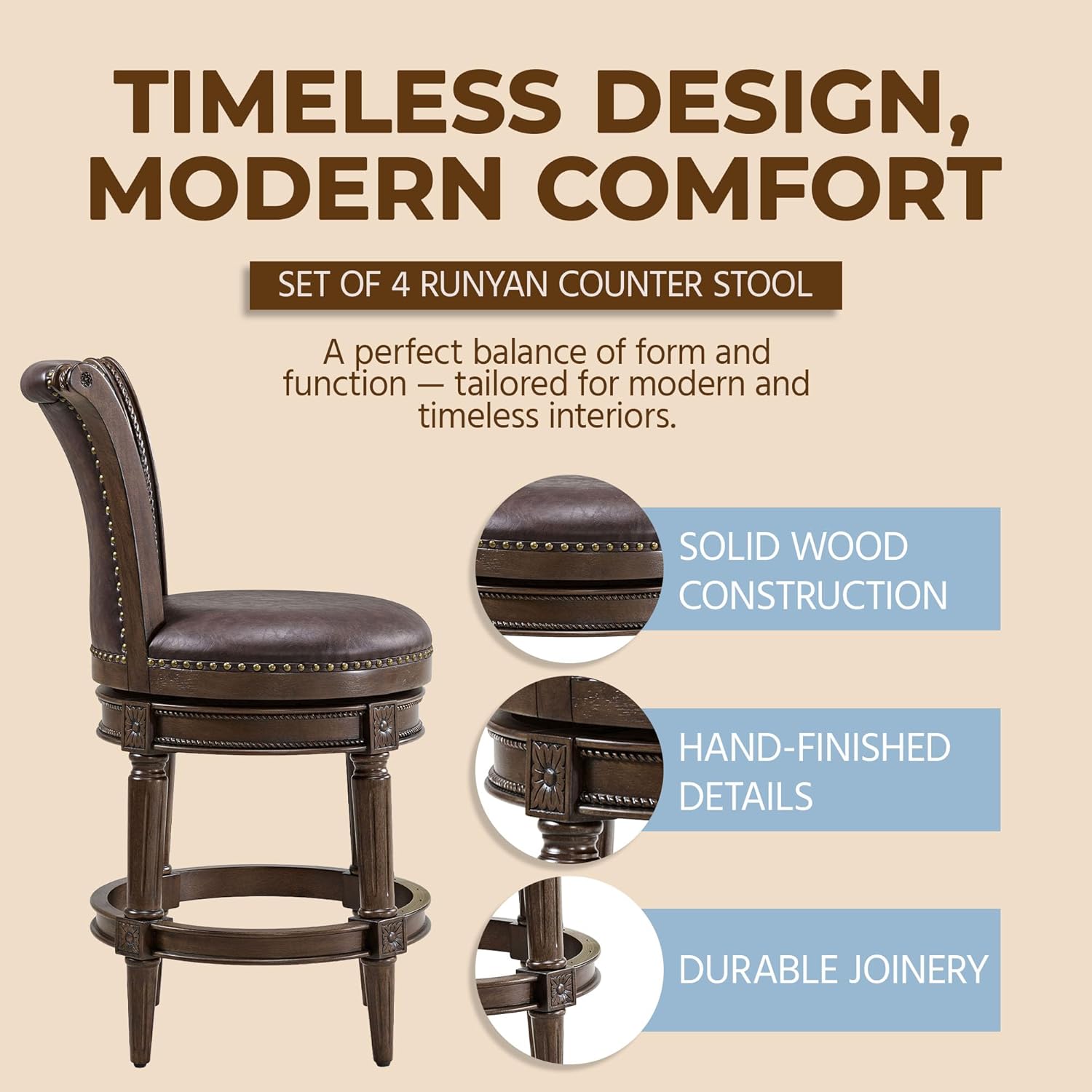 ROME + OAK Set of 4 Runyan 26" Swivel Counter Stool, Rotating High Back Barstool in Dark Walnut Finish with Vintage Brown Vegan Leather Seat
