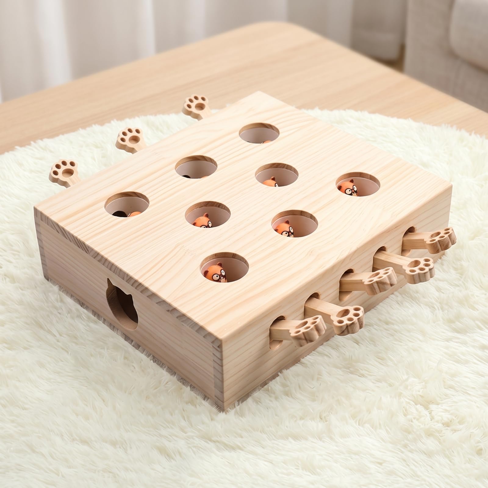 Colcolo Interaktives Katzenspielzeug Holz Katzen Aktivitätsspiel Box Spielzeug mit Spielöffnungen Oben Und Seitlichen Katzenkopf Ausschnitten Kontrollierbare, Style to 2