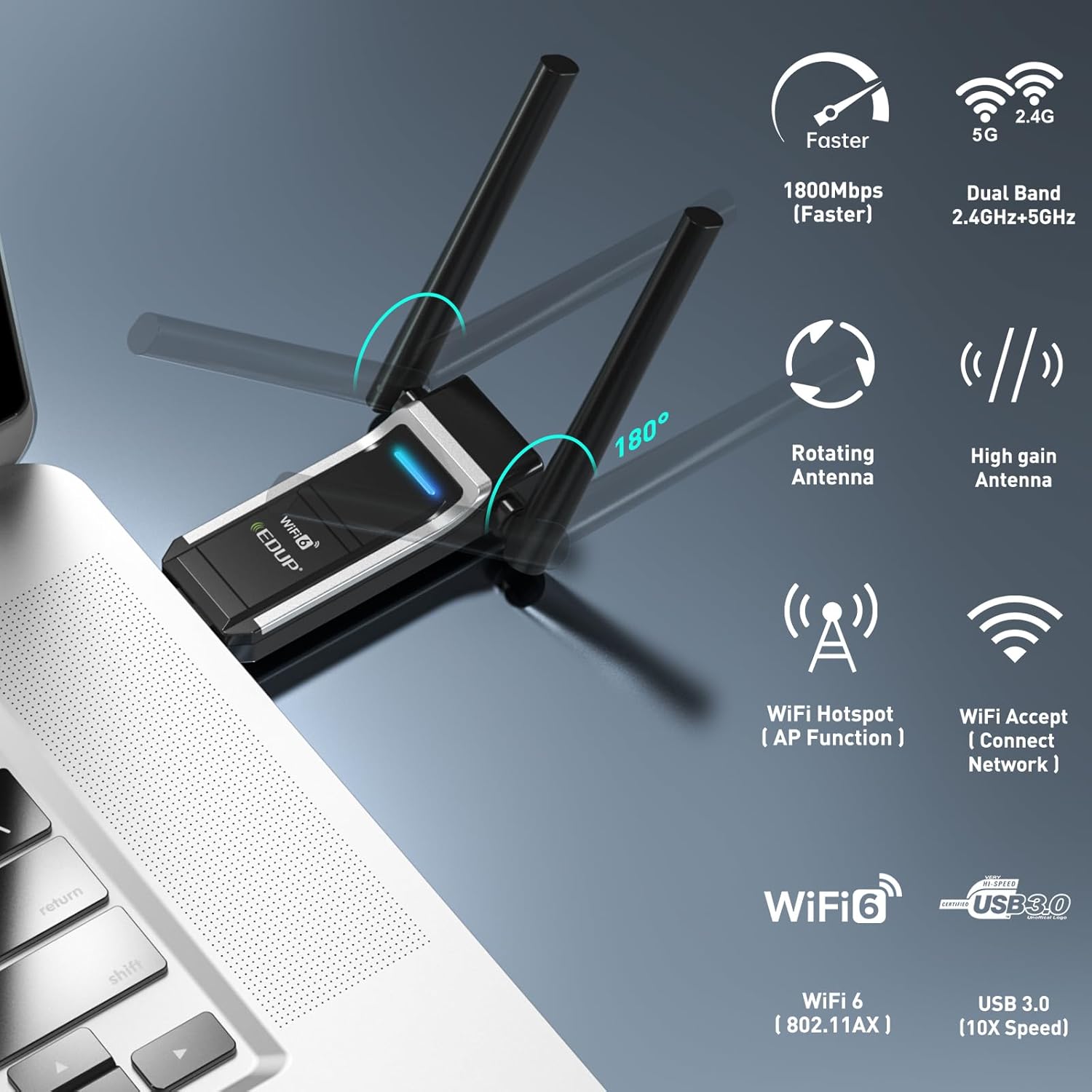 EDUP WiFi 6 USB Adapter features with icons