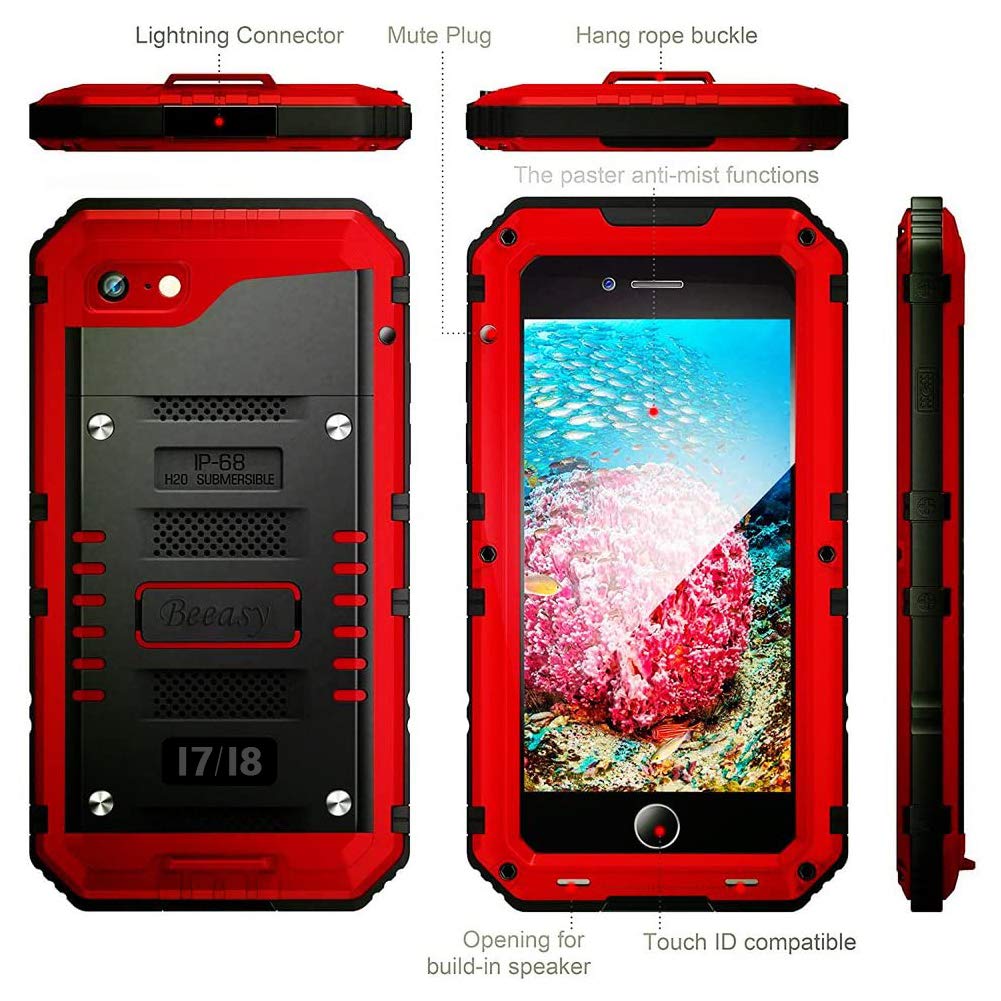 Beeasy Coque Étanche pour iPhone 7/8/SE 2022/2020– [IP68 + Protection Militaire 360°] Métal Renforcé, Protège-écran Intégré – pour Extérieur & Chantier - Rouge