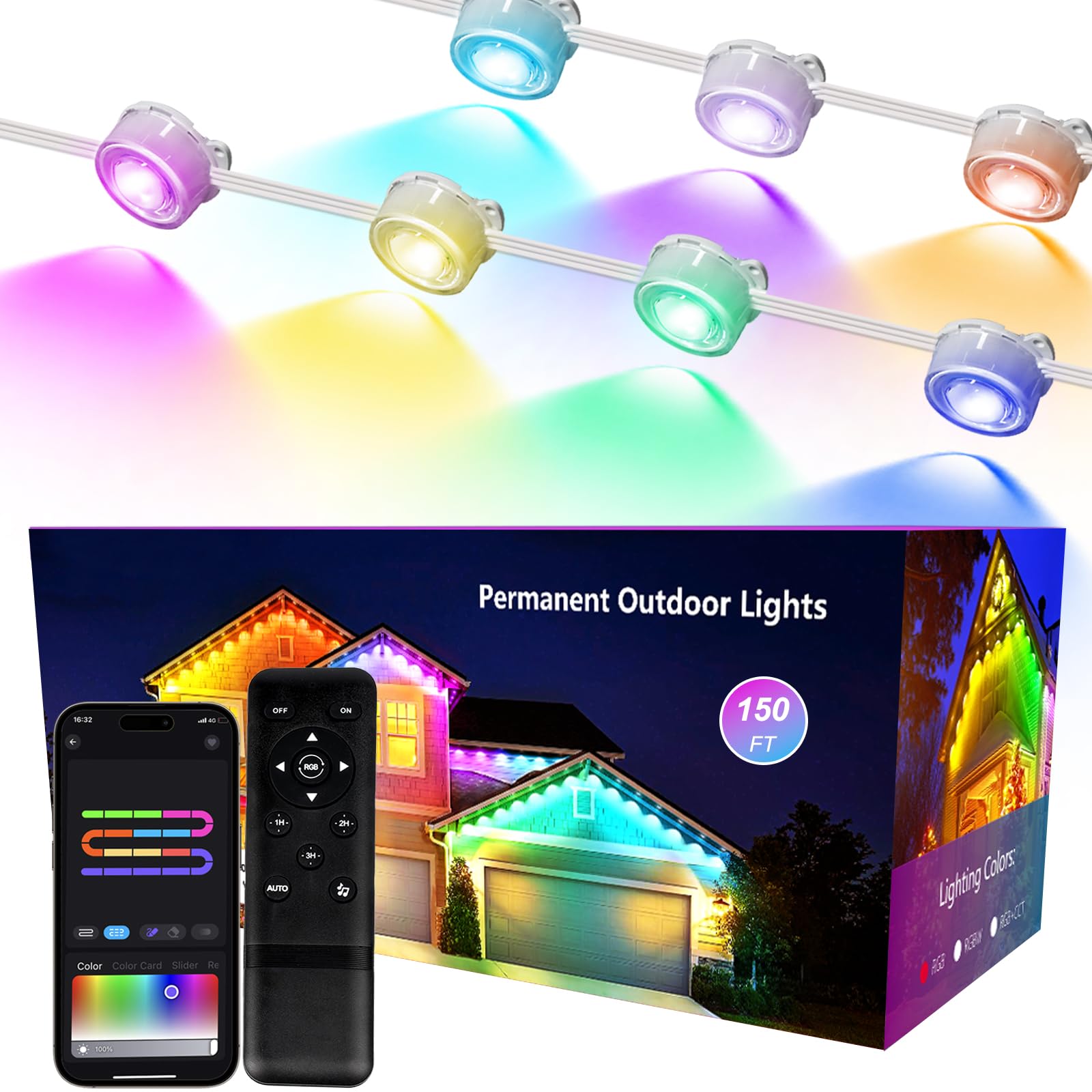 Photo 1 of Sumaote Permanent Outdoor Lights 150ft, Smart RGB+IC Smart Christmas House Lights 108 LED Waterproof Music Sync Eave Lights for Christmas, Holiday Decor, Compatible with Alexa Google Assistant