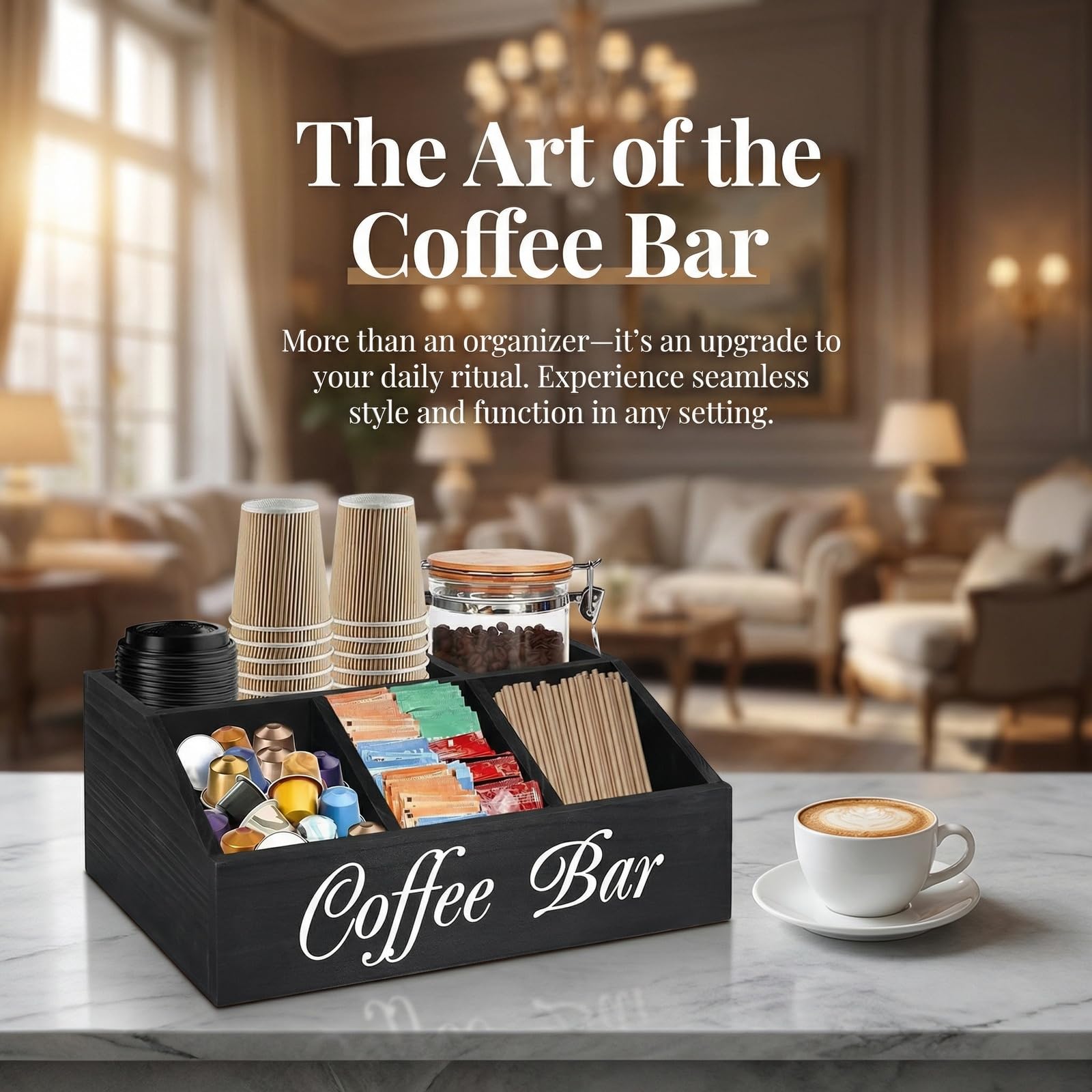 Organizador de Café y Té de Madera de Tung con 5 Compartimentos Estación de Condimentos de Café 30x19,5x12cm Rincon del Cafe para Ordenar Vasos Cucharas Capsulas Azucar con Base Antideslizante