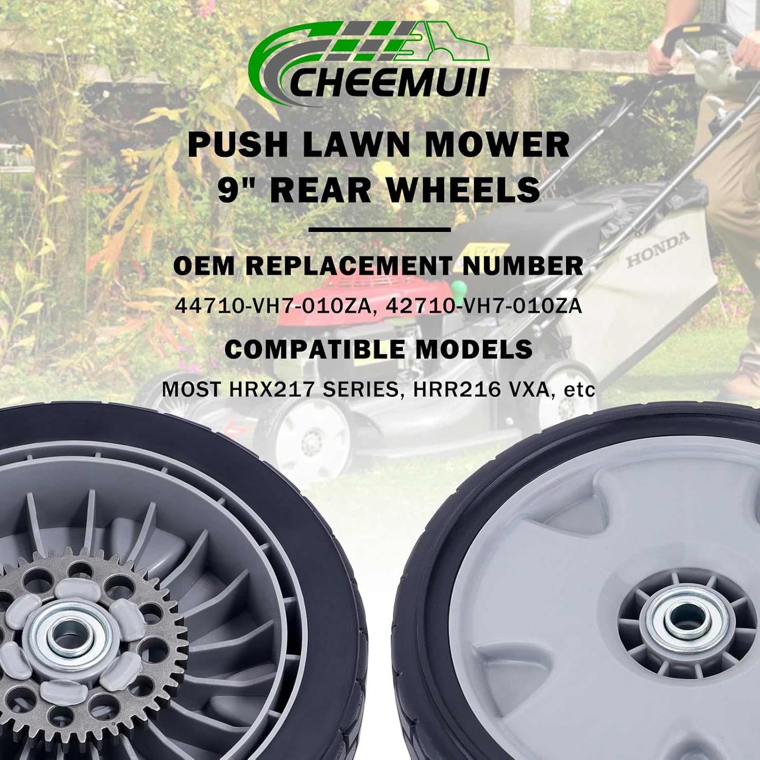 CheeMuii 9" HRX217 Lawn Mower Rear Wheels Kit 2 Pcs Back Wheels Replace for 42710-VH7-010ZA, 42710-VH7-010ZB, 42710-VH7-000ZA 9 Inch Wheel with Gear Fit for Honda HRX217 Lawnmowers