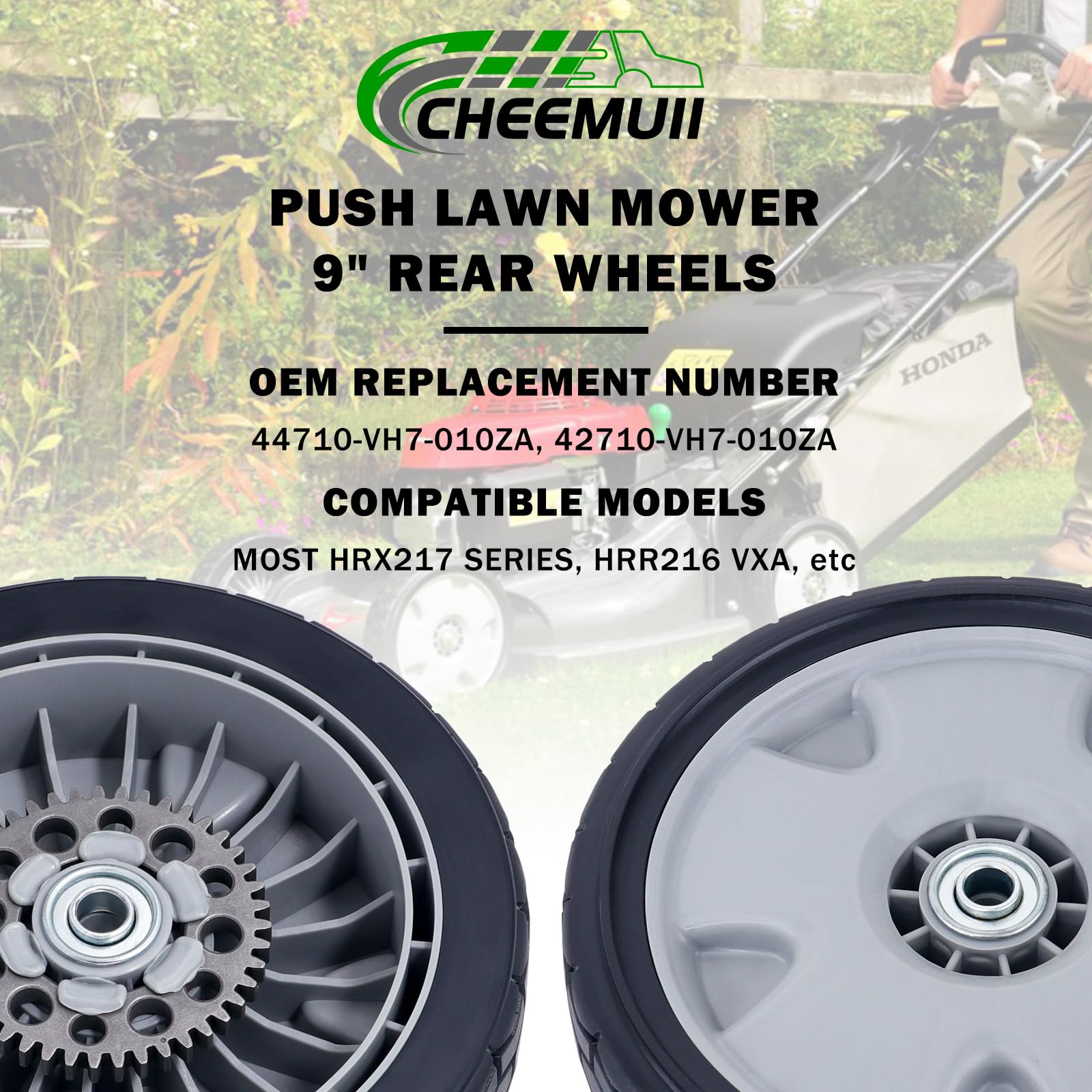 CheeMuii Kit de ruedas traseras para cortacésped HRX217 de 9 pulgadas, 2 ruedas traseras de repuesto para 42710-VH7-010ZA, 42710-VH7-010ZB, 42710-VH7-000ZA rueda de 9 pulgadas con engranaje para