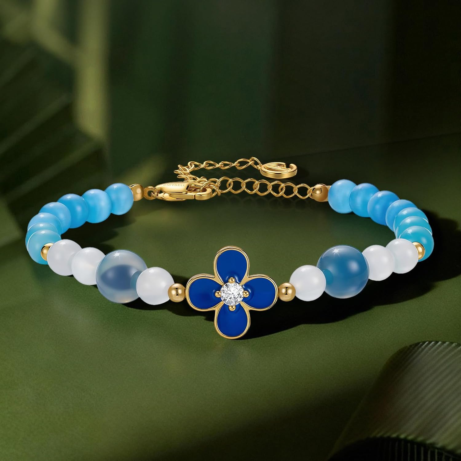 Cicy Bell 18K Gold Plated Bracelets for Women Lucky Four Leaf Clover Dainty Cubic Zirconia Charm Colorful Beads Adjustable Bracelet Trendy Friendship Jewelry Accessories - Image 5