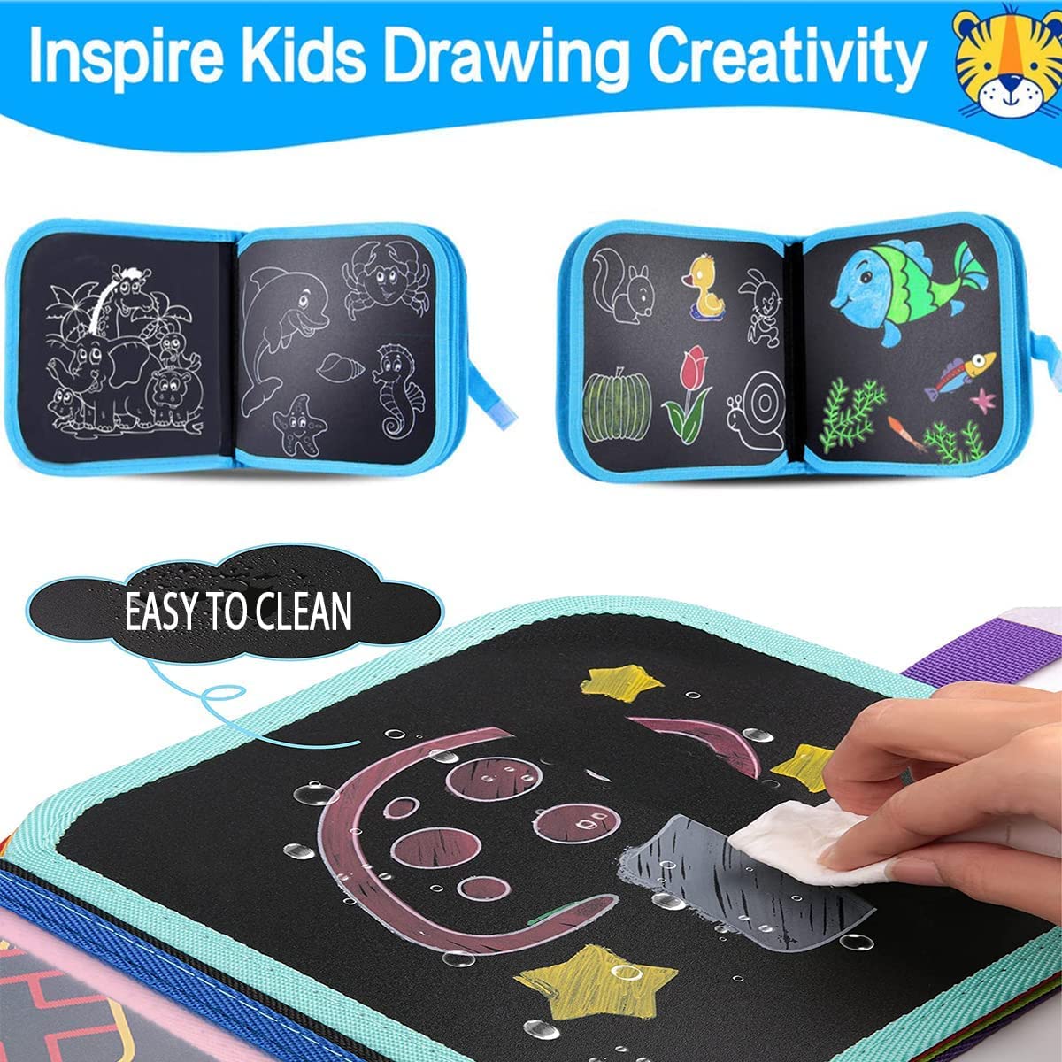 OMAZING KITCHEN Reusable & Erasable Doodle Slate Painting Kit for Kids & Toddlers - Travel Activity Preschool Doodle Book with Wet Wipes & Colors 3