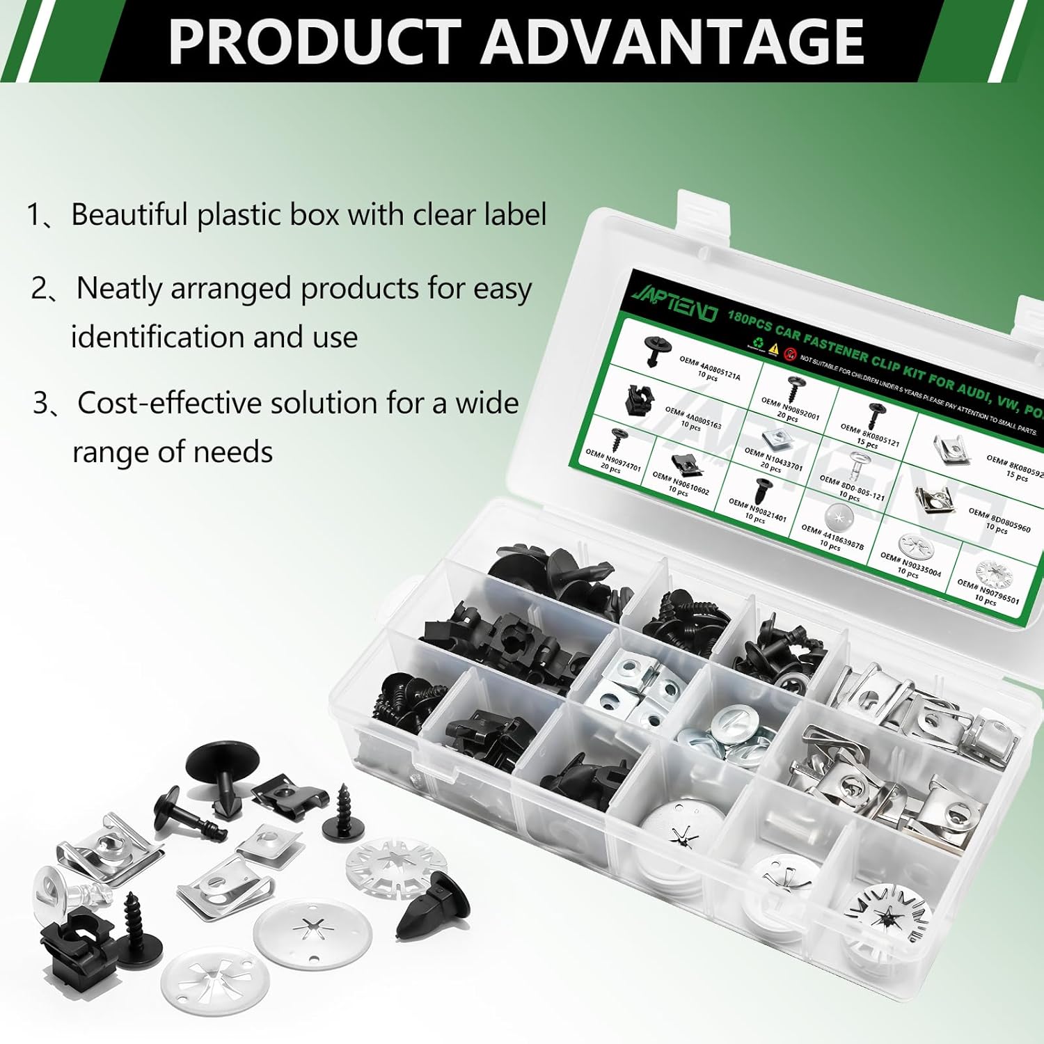 180pcs Car Fastener Screw Nut Clip Assortment Kit, 14 Sizes Car Retainer Kit for Audi Porsche VW & Skoda Engine Cover Splash Shield Fender and Bumper