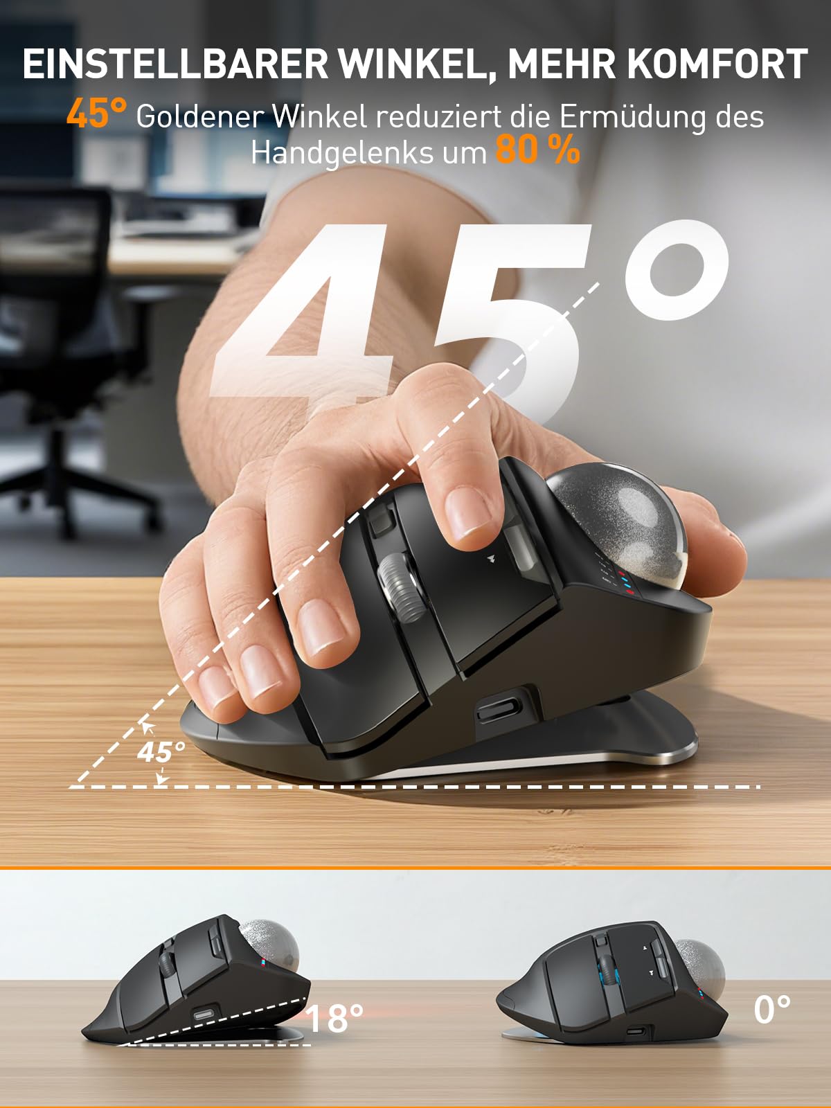 SABLUTE MAM1 Pro Ergonomische Trackball Maus Kabellos, RGB, Bluetooth & USB | Wiederaufladbare Maus mit Daumensteuerung, 5 DPI Stufen, Beleuchtung, Verbindung mit 3 Geräten für PC, Laptop, Mac, Windows