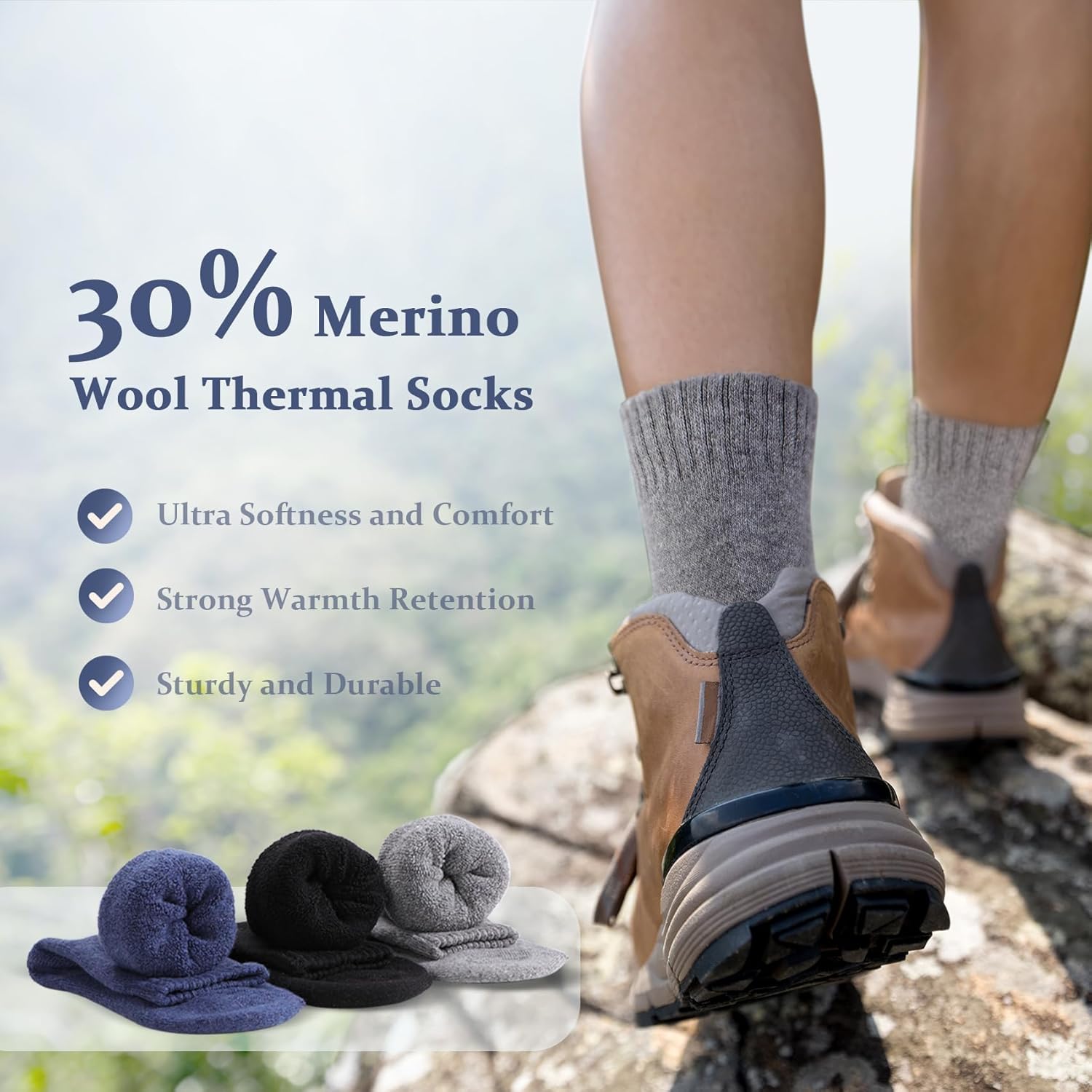 Redair Merino Wool Socks Mens, 3 Pairs Hiking Socks for Winter and Magnetic Smartphone Handle Grip