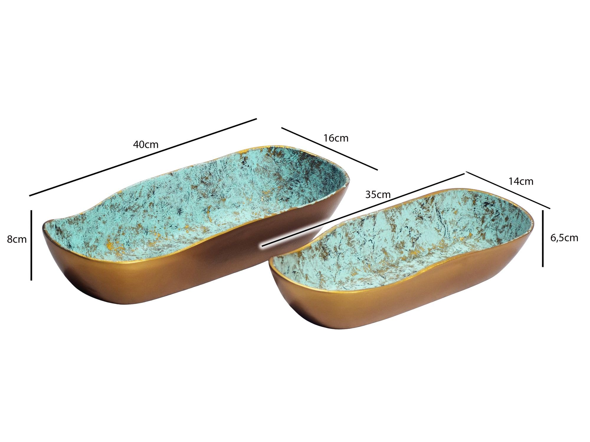 FineBuy Dekoschale 2er Set Aluminium Gold Patina, Oval | Schalen in Schiffchen-Form lebensmittelecht, Obstschale und Tischdeko, handgefertigte Unikate