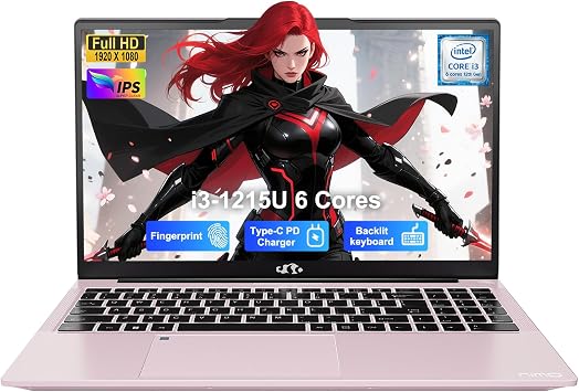 NIMO 15.6" IPS FHD Laptop, Intel 6 Cores i3-1215U Up to 4.4GHz, Beats R5 7520U, 8GB RAM 256GB SSD Computer with 180 Open Angle 65W Type C Backlit KB, Wi-Fi 6, Portable for School, Business, Home