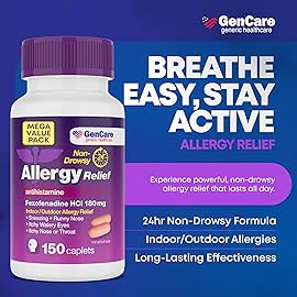 GenCare - Allergy Relief Pills | Fexofenadine HCl 180mg 150 Tablets | Non Drowsy Antihistamine Allergy Pills for Hay Fever, Seasonal Allergies, Outdoor & Indoor Allergies | Relieves Itchy Eyes & Nose