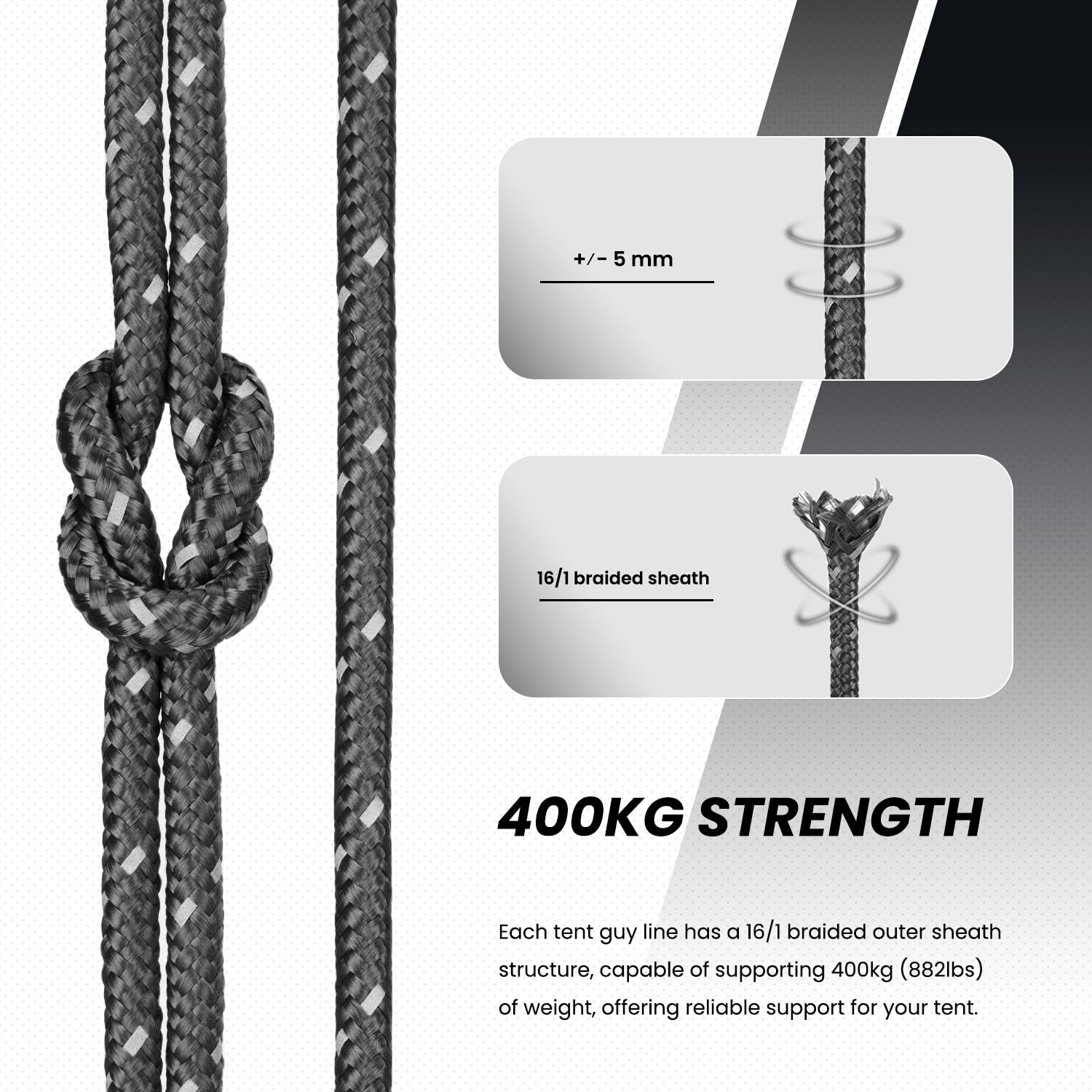 Abma Cord Linka Namiotowa 5mm 30M Sznurek Napinający 6 Szt Napinacze Wytrzymała Linka Prowadząca do Kemping, Markiza, Altanę, Plandekowych - Odblaskowy czarny | Odblaskowy, namiot, kemping, pawilony, markiza, plandeka, wędrówki z plecakiem