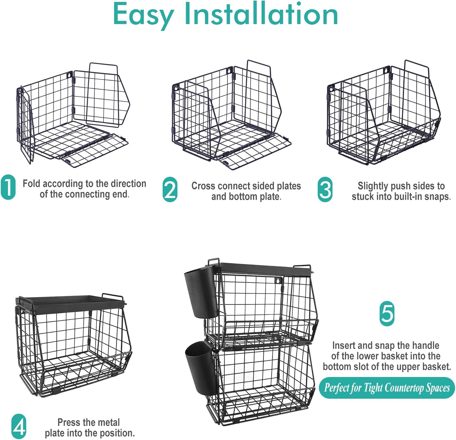 Stackable Counter Top Organizer Baskets - 2 Tier Basket Rack with Tray Cups Hooks for Coffee Room Kitchen Pantry Office Storage Organization Wall Haning Shelves or Desk Stand for Snack Fruit Vegetable