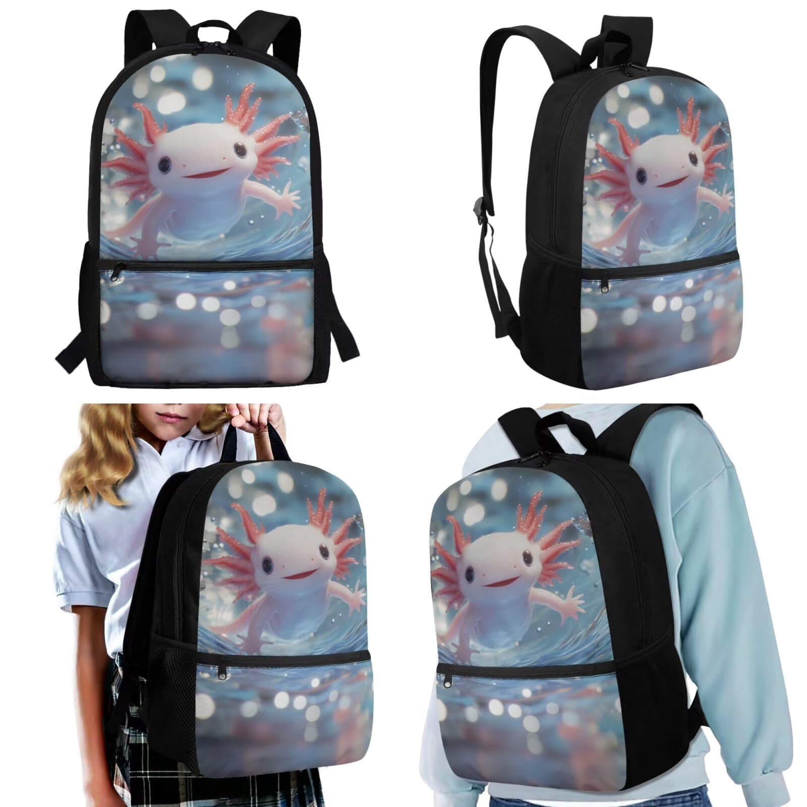 Kinder-Schultaschen, Rucksack, Lunchbox-Set mit Wasserflaschenhalter, Federmäppchen, 4-teiliges Set, Axolotl Wasserdruck, Einheitsgröße, Schulranzen-Set