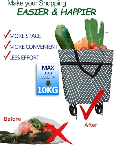 Miniatura 7 de Carrito de comestibles plegable con ruedas, práctico carrito de compras para comestibles (rayas grises)