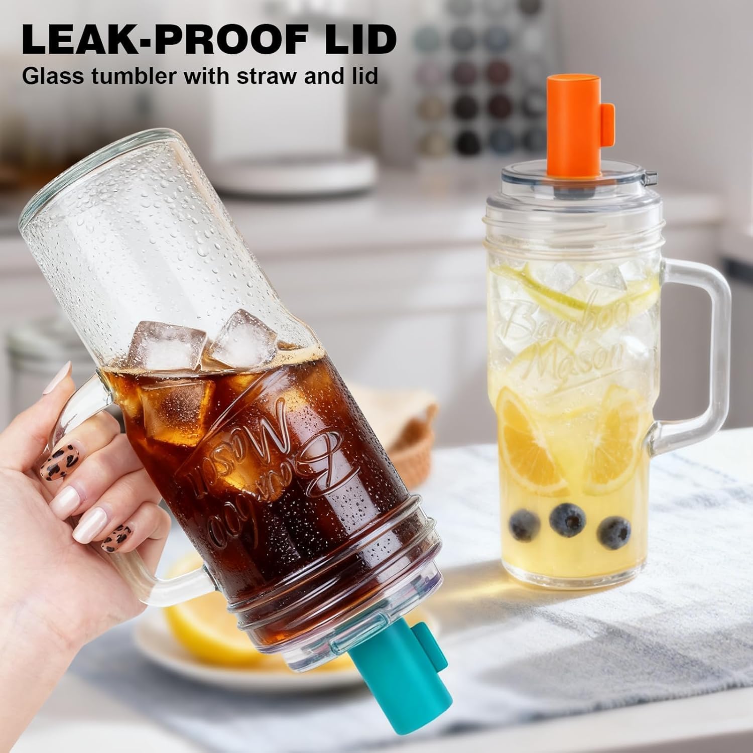 Bamboo Mason Leakproof Mason Jar Cups with Lids and Straws, 24oz Glass Tumbler with Handle, Leak-Proof Rotating Lid & Silicone Straw, Reusable Iced Coffee & Matcha Cup Set Coffee Gifts for Women -2pc - Image 4