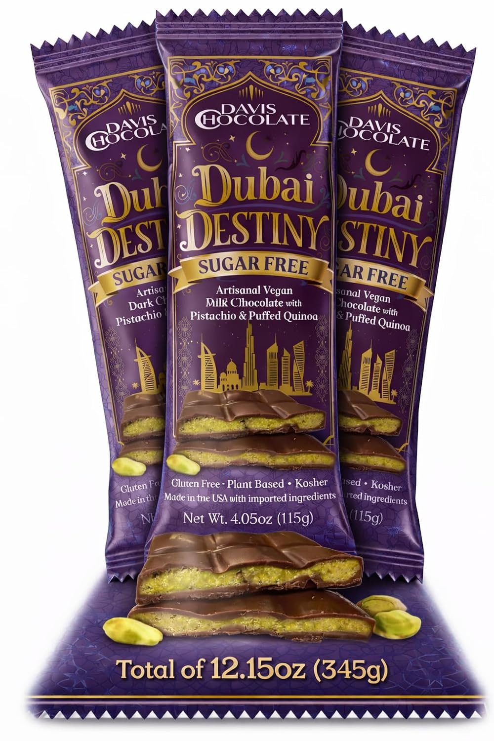 Davis Chocolate Dubai Destiny Sugar Free Vegan Dark Chocolate Bar, Pistachio & Puffed Quinoa, Gluten Free, Kosher, 4.05oz (3 Pack, SF - Dark Vegan)