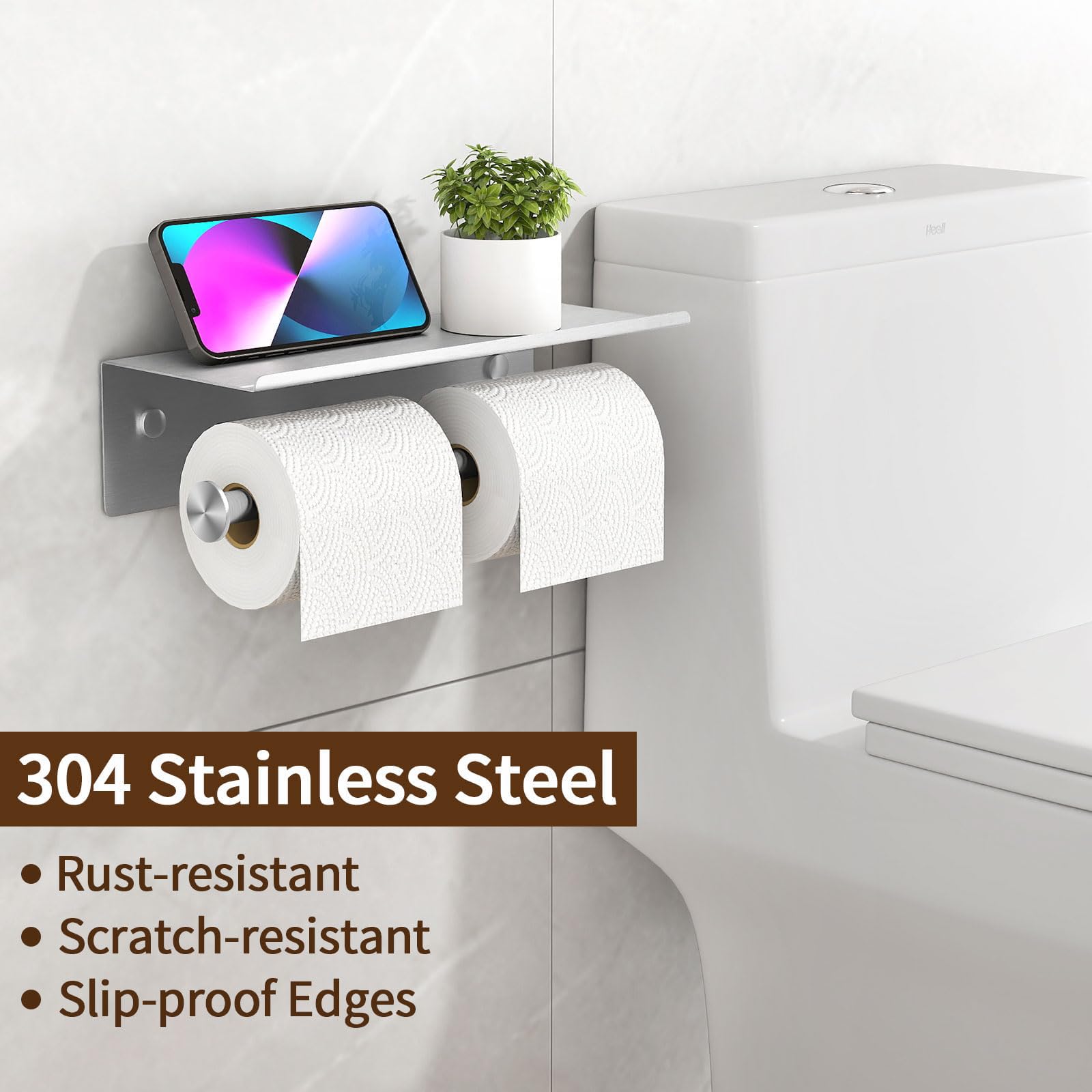 YUMORE Toilet Paper Holder with Shelf, Double Roll Holder, Brushed Nickel — Amazon image 6