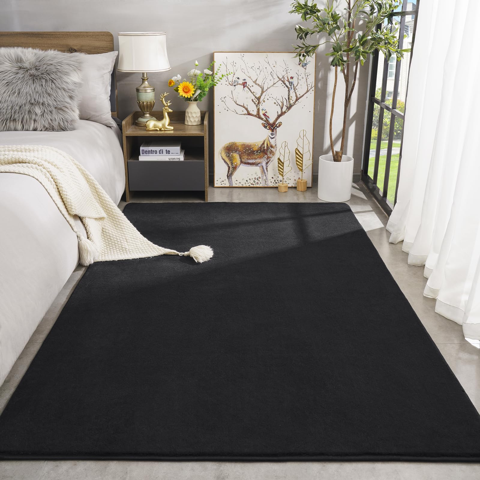Alfombras modernas para dormitorio, sala de estar, alfombra negra de espuma viscoelástica gruesa de 4 x 6 pies, alfombra mullida y lavable para interiores, antideslizante, alfombra minimalista 2