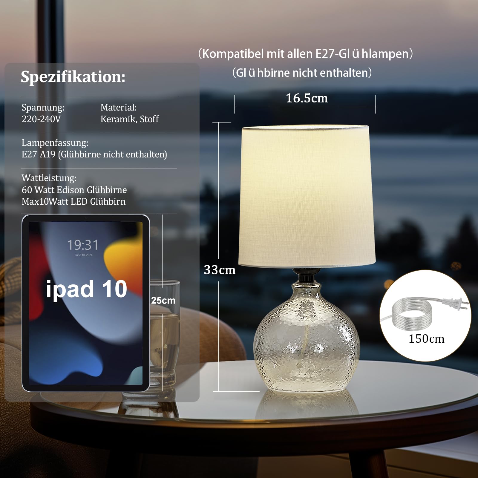GyroVu Nachttischlampen 2er-Set, Kleine Bedside Lamp mit Lampenschirm und Glasfuß, E27 Fassung, Modern Tischlampe für Schlafzimmer Wohnzimmer Büro