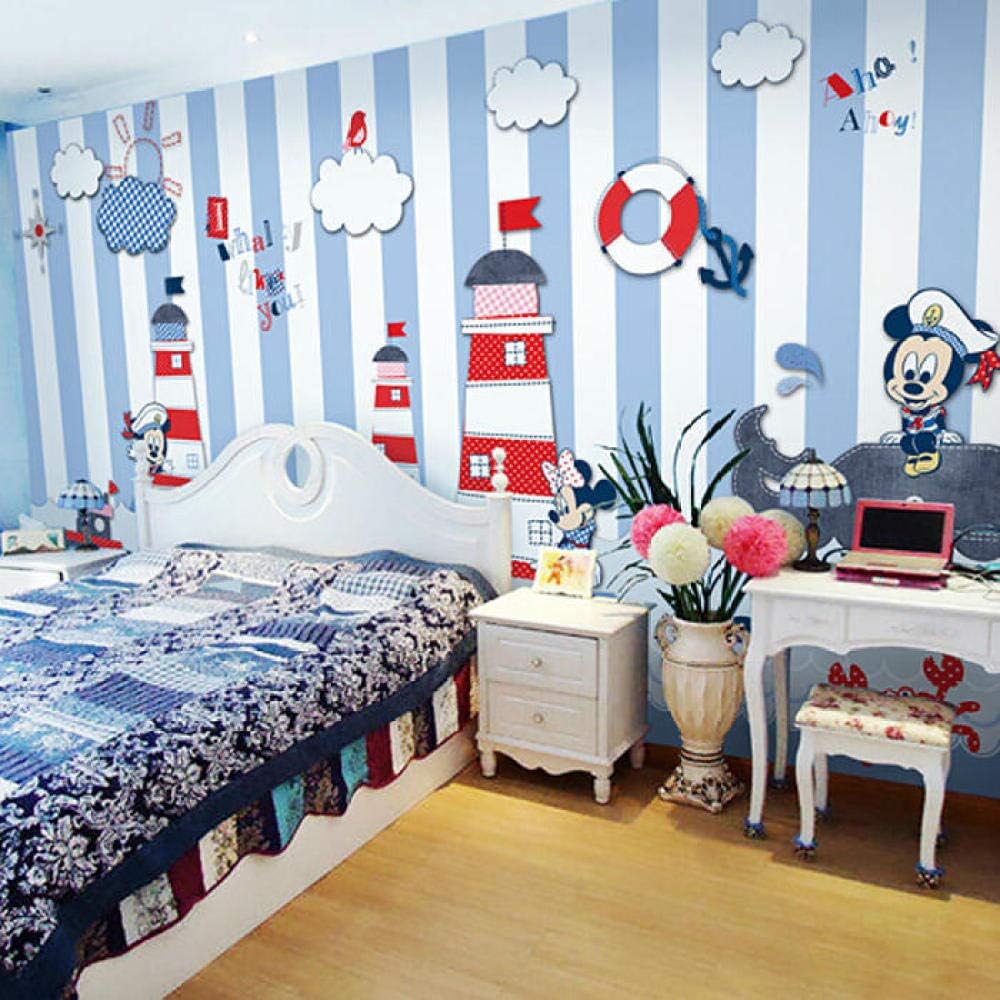 Papel pintado de dormitorio de niños de Disney Papel pintado de rayas azules de Mickey Castle Mural Habitación infantil Fondo de dibujos animados Revestimiento de pared efecto de borde 250cm×170cm