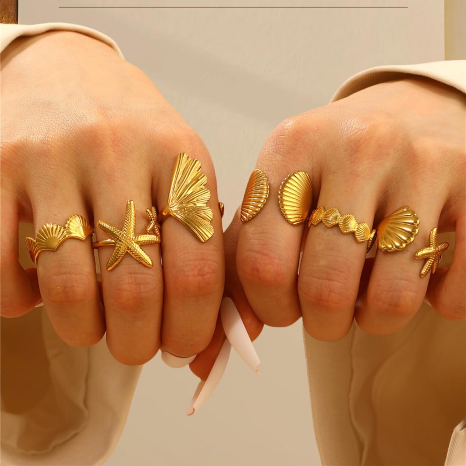 6Pcs Gold Seashell Rings for Women, Golden Adjustable Ocean Beachy Jewelry Shell Wave Starfish Rings Summer Sea Beachy Vacation Accessories Stuff Gifts for Women - Image 5