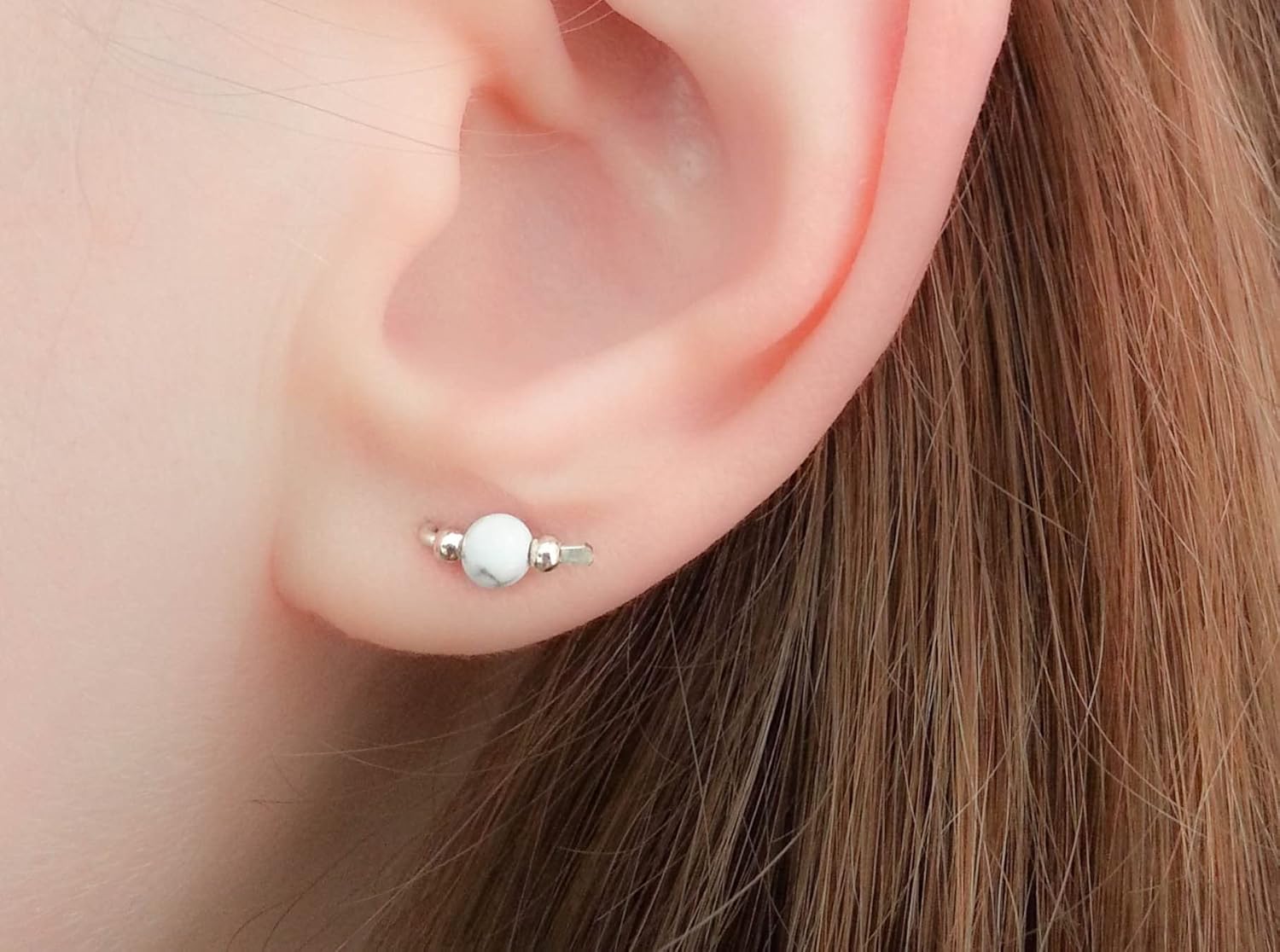 Tiny Marble Stud Earrings White Howlite Stone Sterling Silver Small Mini Climbers