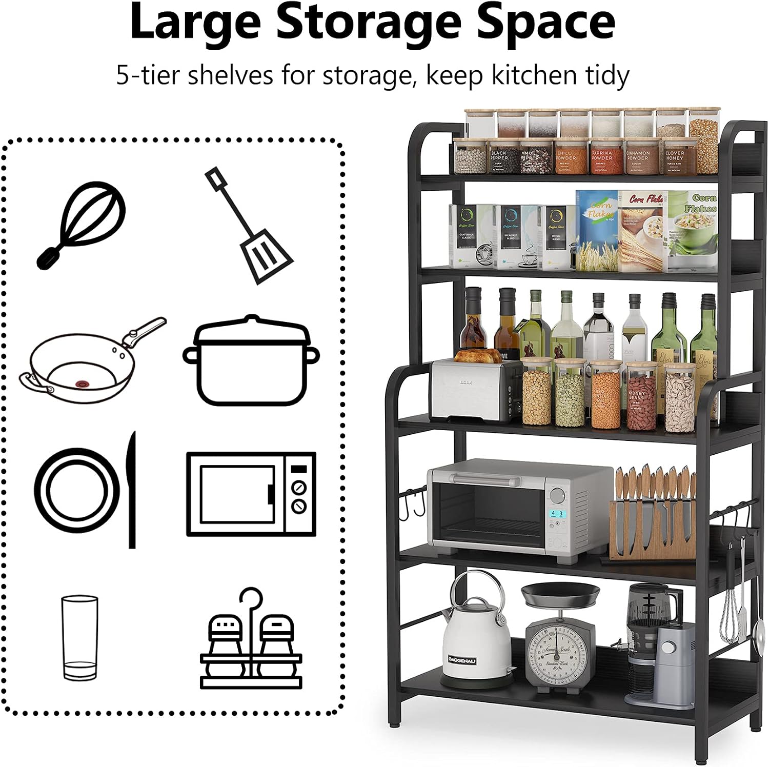 Tribesigns Industrial Kitchen Baker’s Rack with 6 Hooks, 5-Tier Utility Cart Storage Shelf, Microwave Oven Stand Rack, Floor Standing Spice Rack Organizer Workstation, All Black