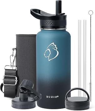 Stainless Steel Water Bottle with Straw, BUZIO Insulated Water Bottle 1L Spout Lid Hand Lid and Carrying Pouch Double Wall Leakproof BPA Free Water Falsk Travel Thermo Bottle, Indigo Crush