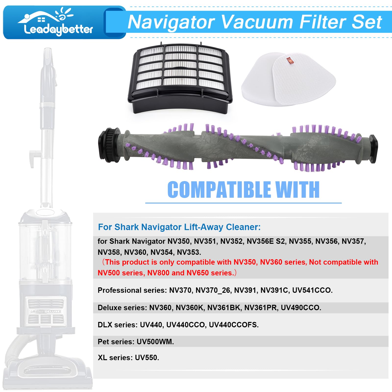 Leadaybetter Brush Roll Filter Replacement for Shark Navigator Lift Away NV350 NV351 NV352 NV356E S2 NV360 NV355 NV356 NV357 NV358 Vacuum Cleaner, with Belt and Wheels