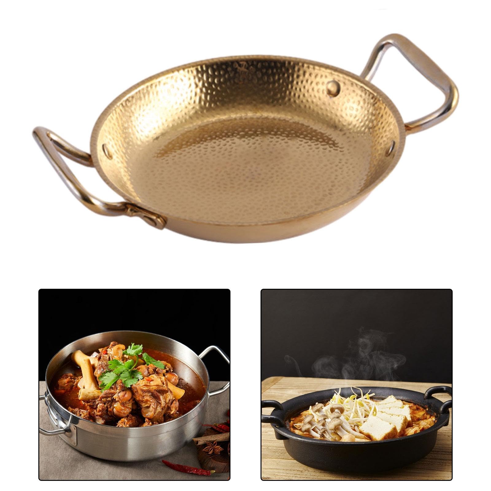 Pan Dry Pot Coréenne INOX Résistante Double Poignée Pratique Conduction Rapide de la Chaleur Adaptée à la Cuisine Maison, 26 CM, Or
