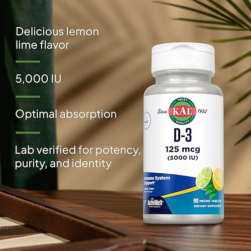 Miniatura 4 de KAL Vitamina D-3 5000 UI ActivMelt, disolución instantánea, sabor natural a limón y lima, función inmunológica saludable y apoyo óseo, 90 porciones,
