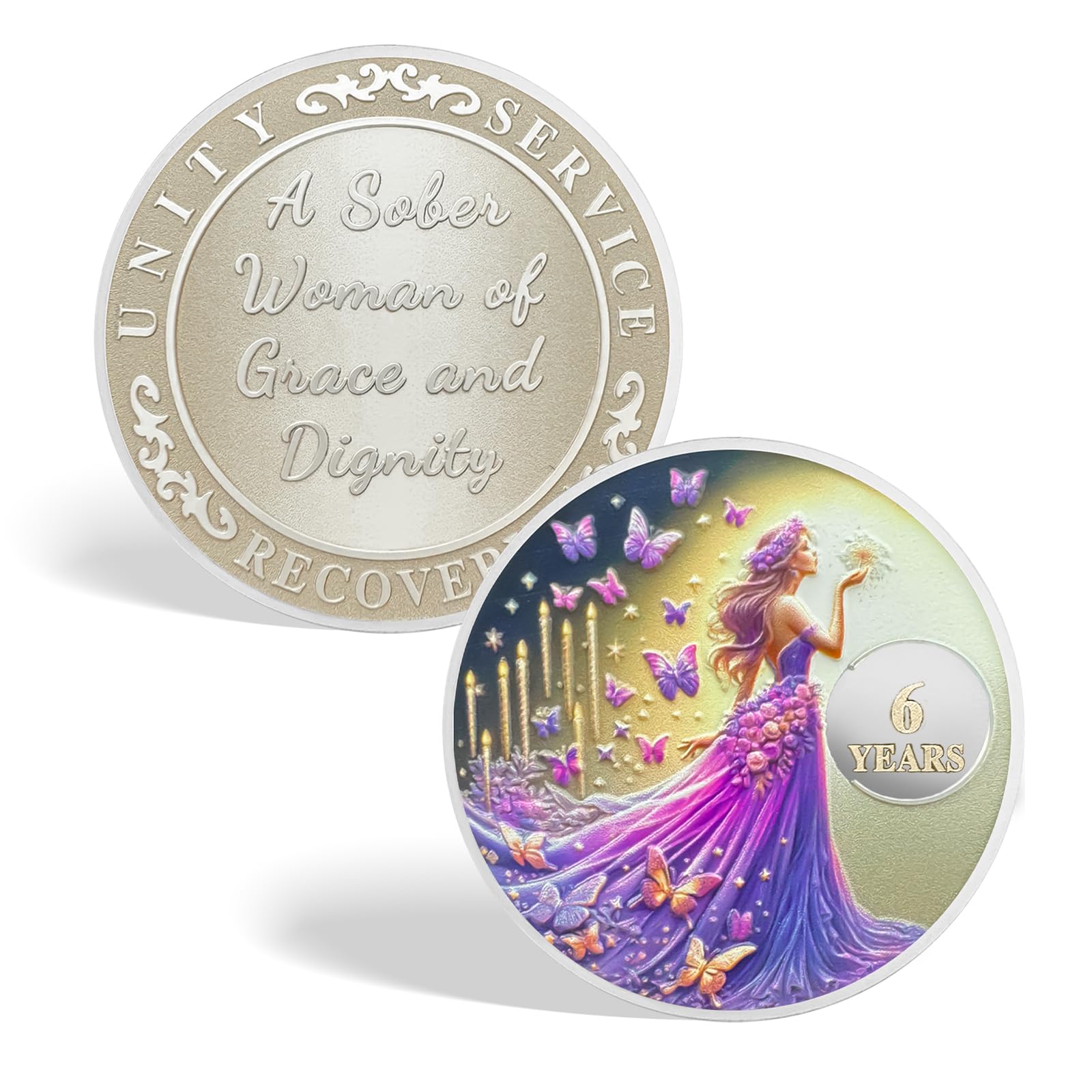 CHURYUML 6 Year Sobriety Coin - Purple Butterfly Fairy Six Year Sober Chip, Non-Religious AA Coins Recovery Medallions Alcoholics Anonymous Token