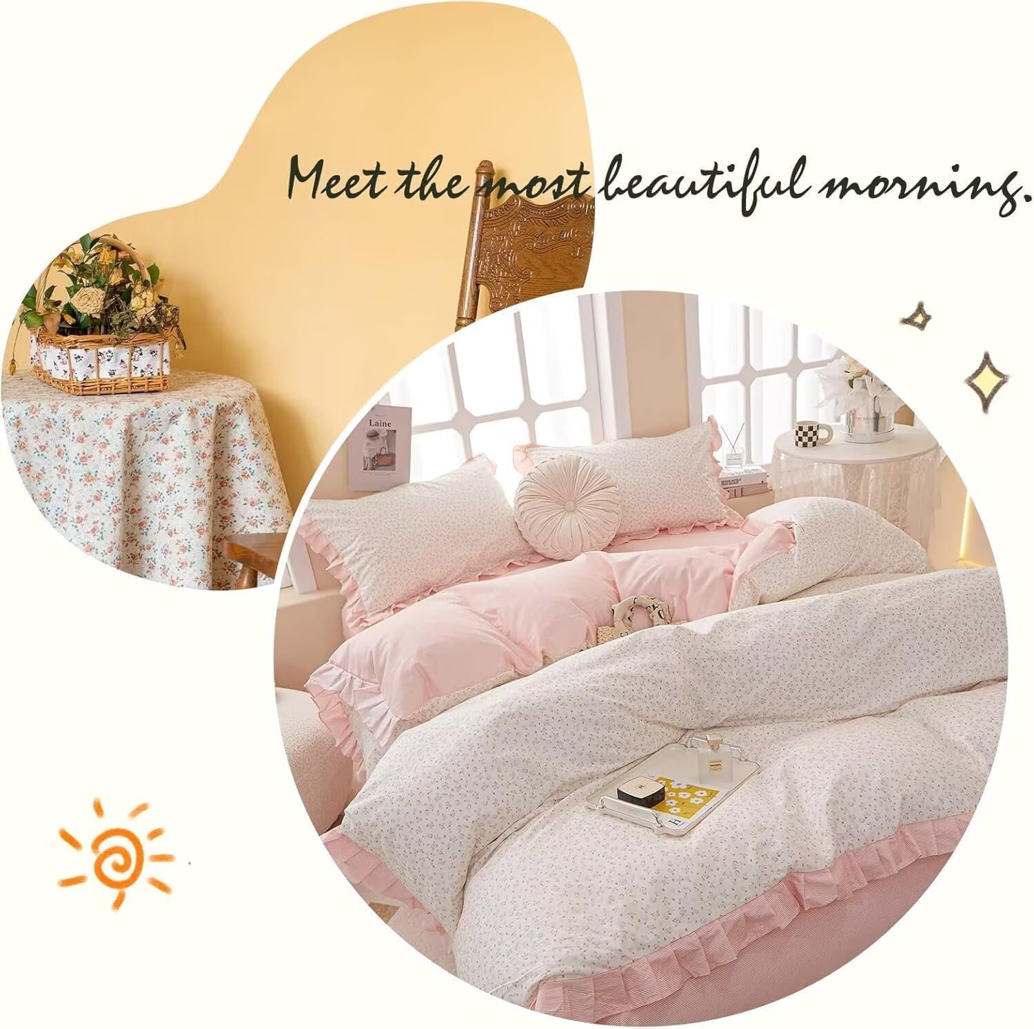 Princess Twin XL Duvet Cover Pink Floral 100% Cotton with Ruffle, Coquette Bedding, Teen Girls Romantic Comforter Cover with Zipper Closure, 3 Pcs Floral Aesthetic Bedding Sets 68"x90"