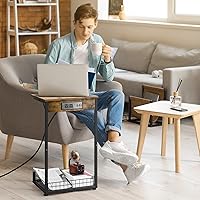 Vista 3 de smusei Mesa auxiliar en forma de C con estación de carga, mesa auxiliar estrecha para espacios pequeños con puertos USB y tomas de corriente, sofá