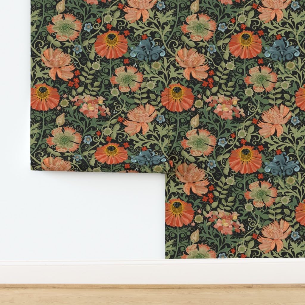 Spoonflower Removable Wallpaper Swatch - Art Nouveau Black Deco Floral Maximalist Flowers Flower Garden Victorian Inspired Custom Pre-Pasted Wallpaper