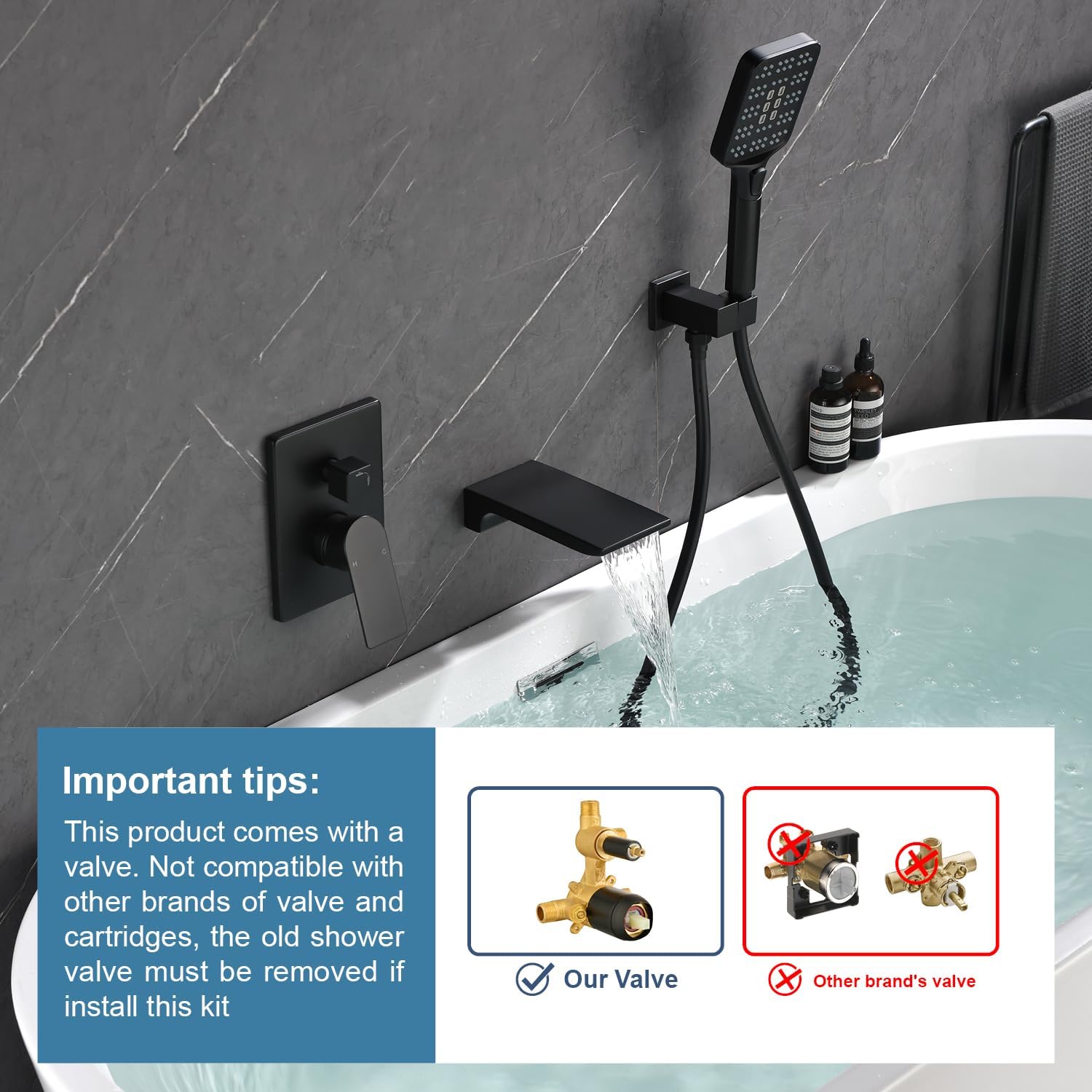 Wall Mount Waterfall Bathtub Faucets with Sprayer Tub Filler Faucet Tub Shower Faucet Set with Rough-in Valve Trim Kit Matte Black
