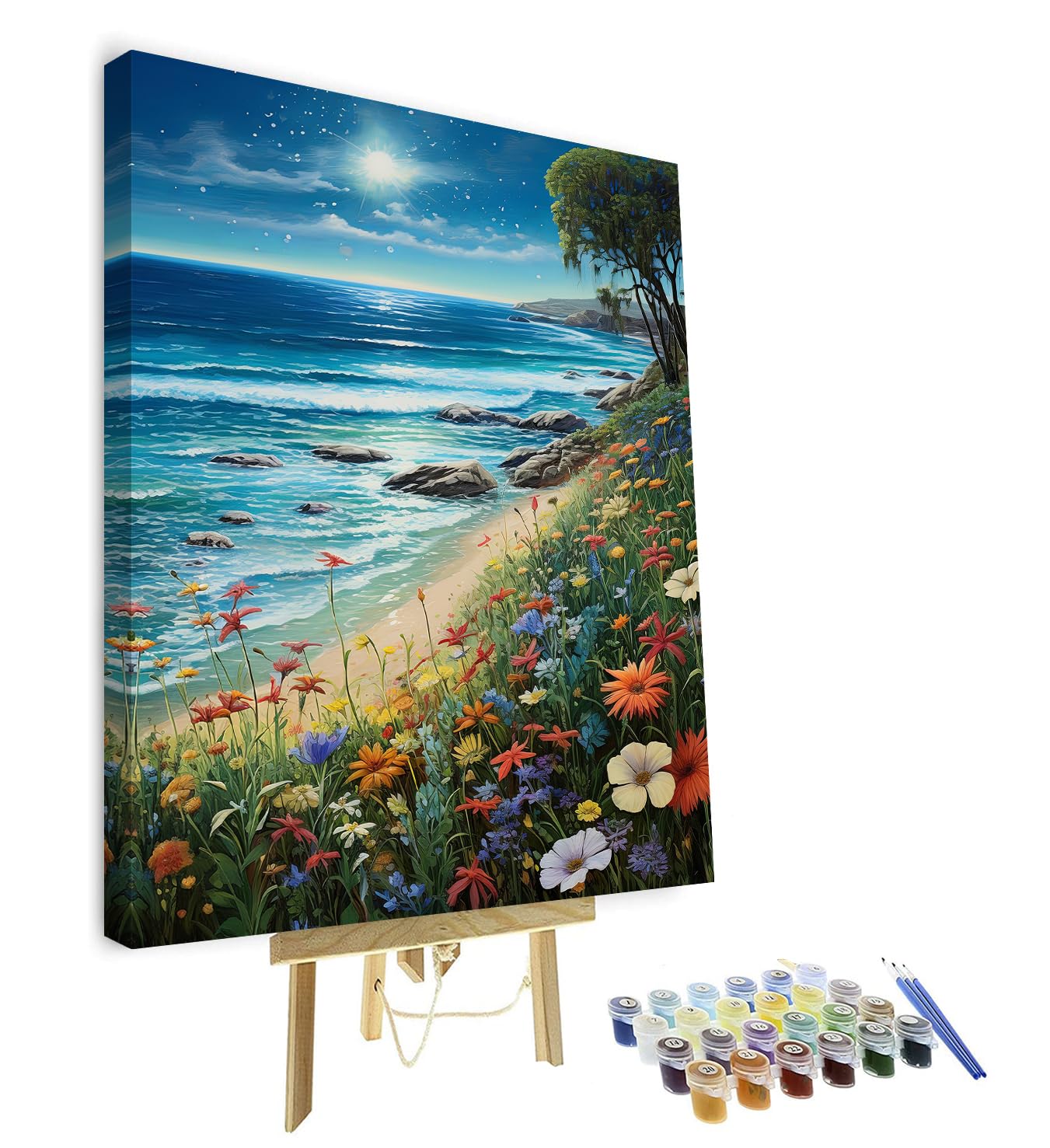 Stardust Beach Garden DIY Paint by Numbers Kit for Adults Enchanted Coastal Flora Scene Paint by Numbers Night Beach Paint by Numbers Kit Acrylic Painting Oil Painting Art Crafts with Frame 16"x20"