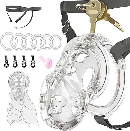 Miniatura 18 de Encantador cinturón de castidad rosa para hombres, dispositivos de castidad ligeros con cabeza de silicona suave de 6 anillos, accesorios de bondage
