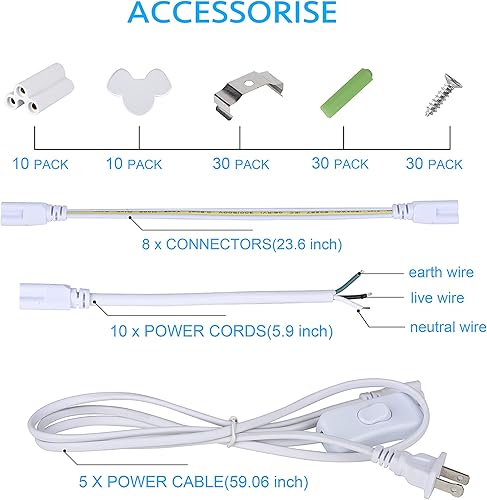 Miniatura 5 de Paquete de 10 lámparas LED de 8 pies, tubo de luz LED integrado de 100 W, 15500 LM, 6500 K, cubierta transparente, 6 filas en forma de V,