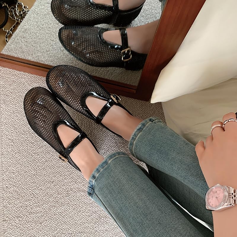 Mesh Ballet Flats for Women Black Comfortable Ballerina Buckle Strap Flats Ladies Fishnet Casual Elegant Mary Jane Dress Shoes2